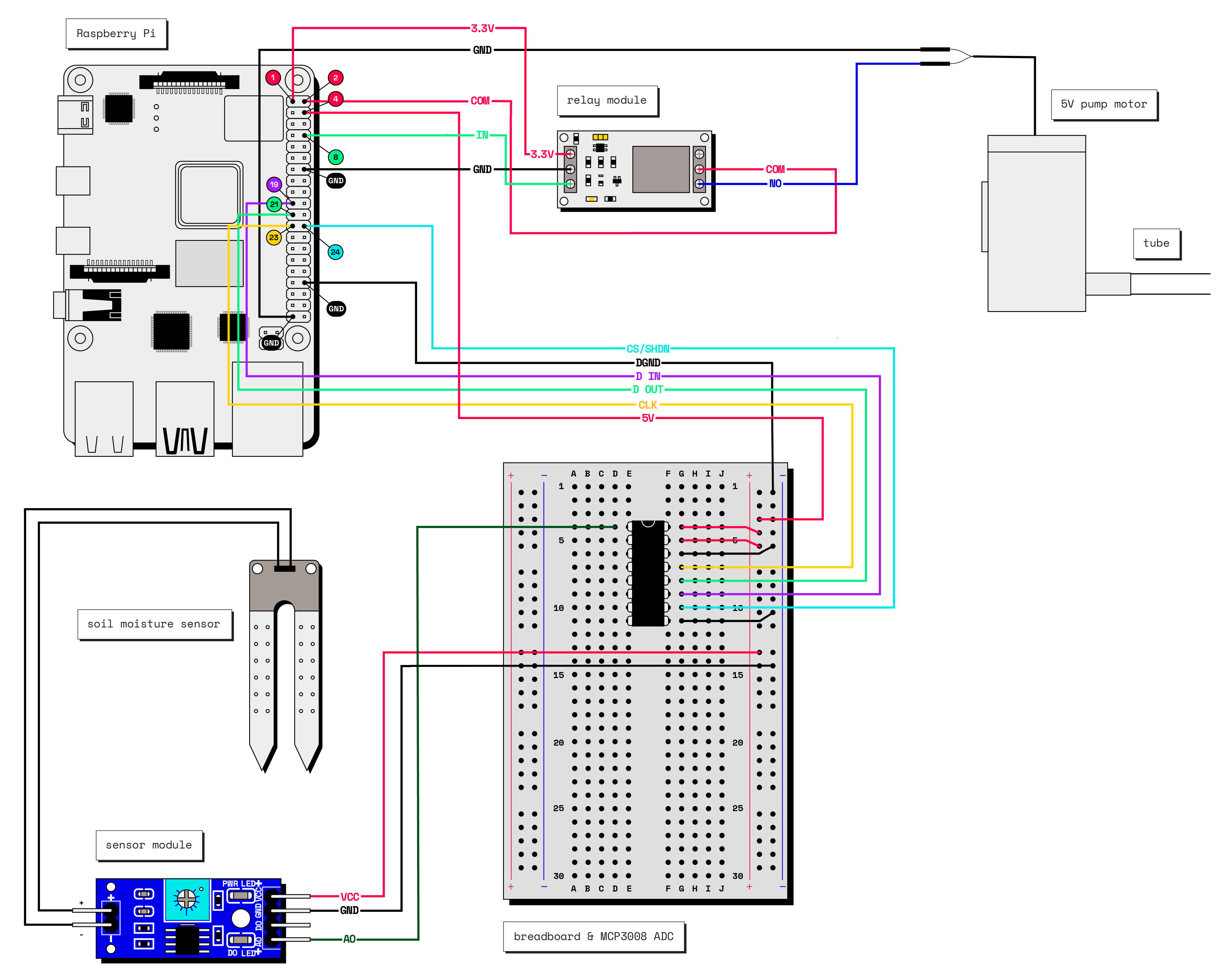 The full wiring diagram for all the hardware for the Plant Watering Robot.