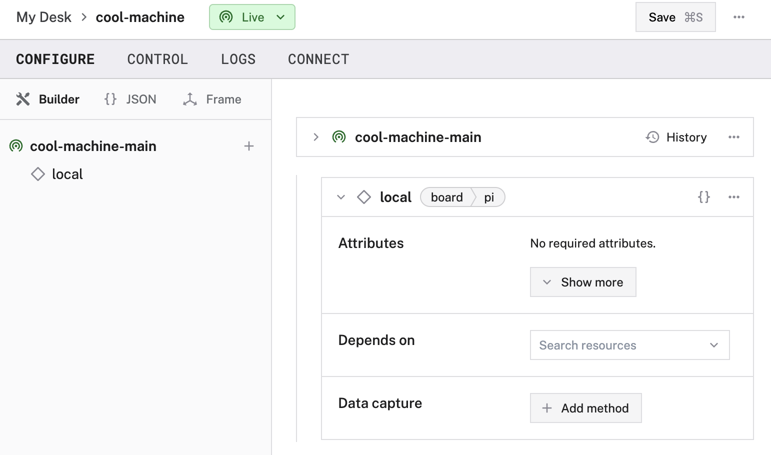 Creation of a board in the Viam app config builder.