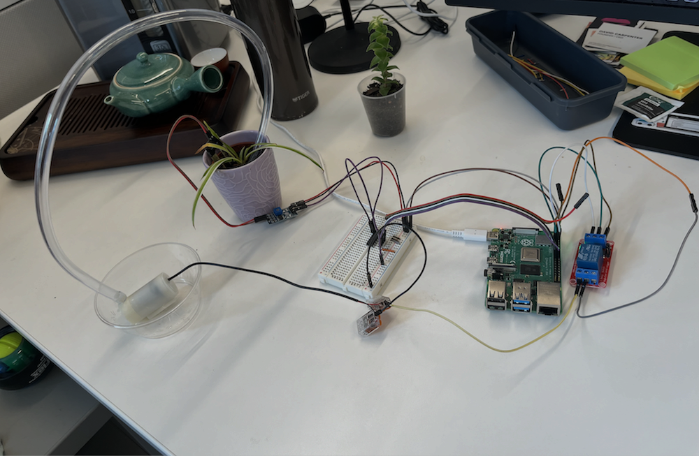 Picture of the plant watering robot on a desk.